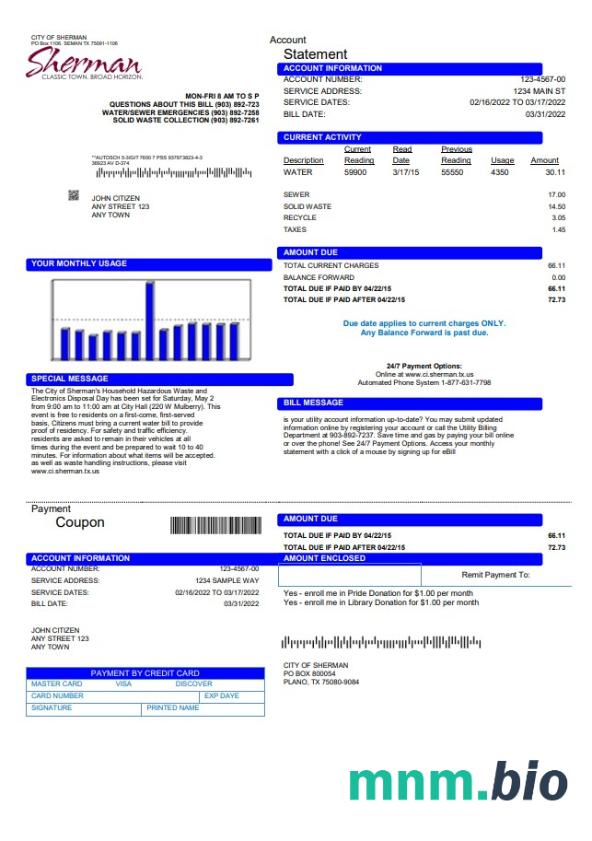 Szablon rachunku za media w USA City of Sherman w formacie Word i PDF
